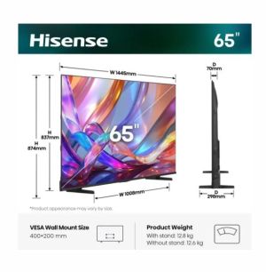 Телевизор Hisense 65" E7S, 4K Ultra HD 3840x2160, QLED, Quantum Dot, HDR 10+, HLG, Dolby Vision, DTS Virtual X, Smart TV,Light Sensor,WiFi Direct, BT, Anyview Cast, 3xHDMI, 2xUSB, LAN, CI+, DVB-T2/C/S2, Black