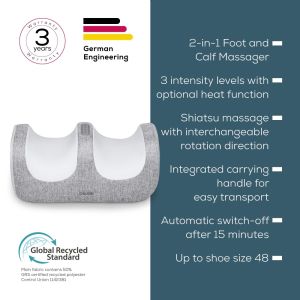 Масажор Beurer FM 42 Foot and calf massager; 2-in-1: Foot and calf massager; Soothing Shiatsu foot massage; Optional heat function; up to EU shoe size 48; 3 intensity levels