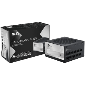 MSI PRO A1000PL PCIE5, 1000W, 80 Plus Platinum, 120mm Fluid Dynamic Bearing Fan, Protections: OCP/OTP/OPP/SCP/OVP/UVP/SIP/NLO, Dimensions: 150mmx150mmx86mm, 7Y Warranty