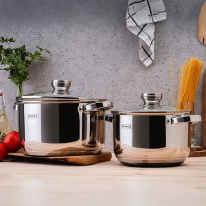 Комплект тенджери и тигани Rosberg R51210L12BM, 12 части, Многослойно дъно, Неръждаема стомана, Сребрист