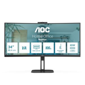 Монитор AOC CU34V5CW/BK, 34" Curved 1500R, VA, WLED, 3440x1440@100Hz, 4ms GtG, 1ms MPRT, 300cd m/2, 3000:1, 20M:1 DCR, Adaptive Sync, FreeSync, Low Blue Light, 5Wx2, 2MP Webcam, Tilt, Height Adjust, Swivel, HDMI, DP, USB hub