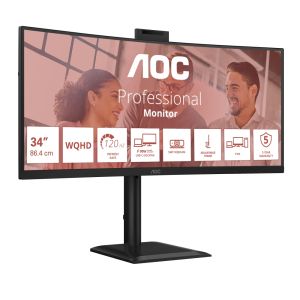 Монитор AOC CU34E4CW, 34" Curved 1500R, VA, WLED, 3440x1440@120Hz, 4ms GtG, 1ms MPRT, 350cd m/2, 3500:1, 50M:1 DCR, Adaptive Sync, FlickerFree, Anti-Blue Light, 5Wx2, Webcam 5MP, Tilt, Height Adjust, Swivel, 2xHDMI, DP, USB hub, KVM, RJ45