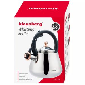 Свирещ чайник Klausberg KB 7776, 2.8 л, Индукция, Топлоизолирана дръжка, Инокс/розово злато