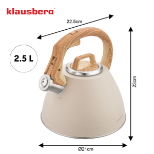 Свирещ чайник Klausberg KB 7954, 2.5 л, Неръждаема стомана, Топлоизолирана дръжка с дървесен ефект, Индукция, Бежов/кафяв