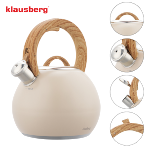 Свирещ чайник Klausberg KB 7956, 3l, Термоизолирана дръжка, Многослойно дъно, Индукция, Бежов