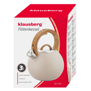 Свирещ чайник Klausberg KB 7956, 3l, Термоизолирана дръжка, Многослойно дъно, Индукция, Бежов