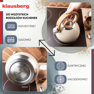 Свирещ чайник Klausberg KB 7956, 3l, Термоизолирана дръжка, Многослойно дъно, Индукция, Бежов