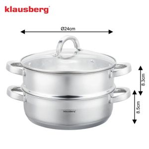 Тенджера за готвене на пара Klausberg KB 9072, 24 см, 3.5л, 3 части, Дебело дъно, Индукция, Инокс