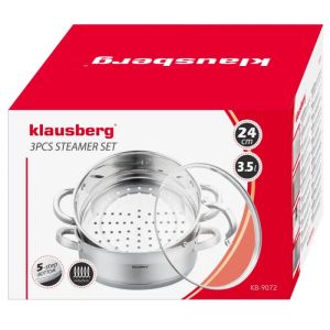 Тенджера за готвене на пара Klausberg KB 9072, 24 см, 3.5л, 3 части, Дебело дъно, Индукция, Инокс