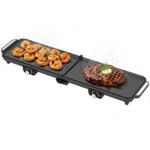 Двойна сгъваема електрическа скара Adler AD 6617, 3000W, Отваряне на 180°, 96х26 см, Незалепващи плочи, 2 термостата, Тавичка за мазнина, Черен