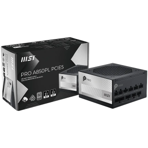 MSI PRO A850PL PCIE5, 850W, 80 Plus Platinum, 120mm Fluid Dynamic Bearing Fan, Protections: OCP/OTP/OPP/SCP/OVP/UVP/SIP/NLO, Dimensions: 150mmx150mmx86mm, 7Y Warranty