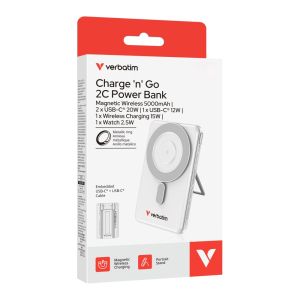 Външна батерия Verbatim Charge 'n' Go 2C Power Bank Magnetic Wireless 5000mAh with 2 USB-C Cables & Stand Silver