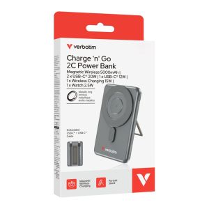 Външна батерия Verbatim Charge 'n' Go 2C Power Bank Magnetic Wireless 5000mAh with 2 USB-C Cables & Stand Grey
