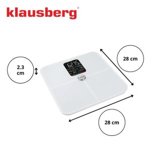 Кантар-анализатор Klausberg KB 7941, До 180 кг, BIA, Bluetooth, LCD, Закалено стъкло, Smart, Бял