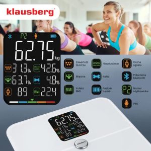 Кантар-анализатор Klausberg KB 7941, До 180 кг, BIA, Bluetooth, LCD, Закалено стъкло, Smart, Бял