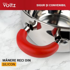 Тенджера Oliver Voltz OV51210N26, 26 см, 7.7 л, Индукция, Силиконови дръжки, Инокс/червен