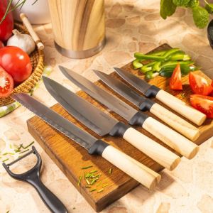 Комплект кухненски ножове Klausberg KB 9036, 7 ч, Неръждаема стомана, Дървесен ефект, Стойка, Кафяв
