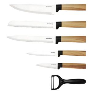 Комплект кухненски ножове Klausberg KB 9036, 7 ч, Неръждаема стомана, Дървесен ефект, Стойка, Кафяв