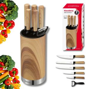Комплект кухненски ножове Klausberg KB 9036, 7 ч, Неръждаема стомана, Дървесен ефект, Стойка, Кафяв