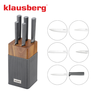 Комплект ножове Klausberg KB 7982, 6 части, Неръждаема стомана, Стойка от акациево дърво, Графит/кафяв