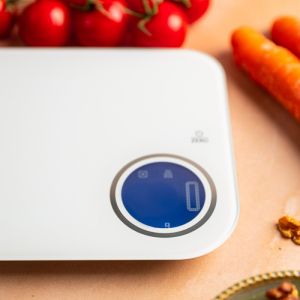 Smart Кухненска везна за измерване на калории Klausberg KB 7938, 5 Kg, Bluetooth, Мобилно приложение, LCD, ТАРА, 4 показателя, Течности, Индикатори, Бял/син