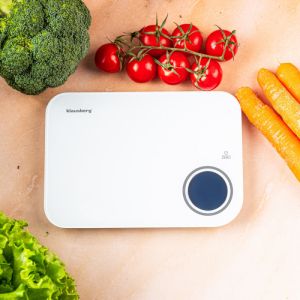 Smart Кухненска везна за измерване на калории Klausberg KB 7938, 5 Kg, Bluetooth, Мобилно приложение, LCD, ТАРА, 4 показателя, Течности, Индикатори, Бял/син