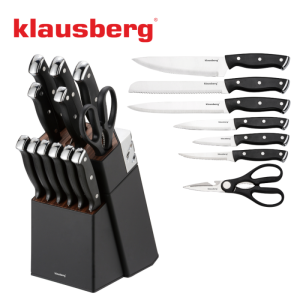 Комплект ножове Klausberg KB 7985, 13 части, Неръждаема стомана, Стойка+точило, Черен