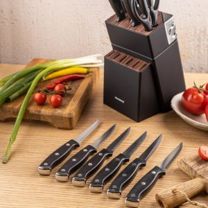 Комплект ножове Klausberg KB 7985, 13 части, Неръждаема стомана, Стойка+точило, Черен