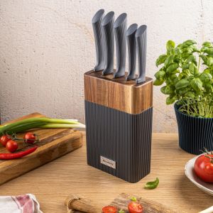 Комплект ножове Klausberg KB 7979, 6 части, Неръждаема стомана, Стойка, Графит/кафяв
