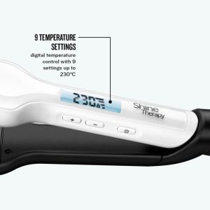 Преса за коса Remington S8550 Shine Therapy, Керамично покритие с арганово масло+витамин Е, 235°C, 10 настройки, Широки плочи, Бързо загряване, Бял
