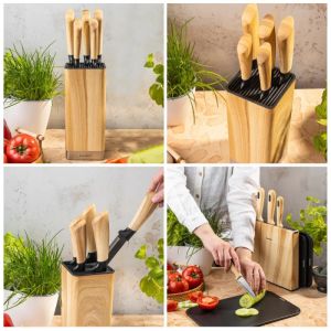Комплект кухненски ножове Klausberg KB 9035, 6 ч, Неръждаема стомана, Стойка, Кафяв