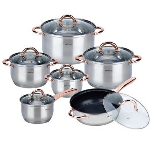 Комплект тенджери и тиган Kinghoff KH 1765, 12 ч, Индукция, Инокс/розово злато
