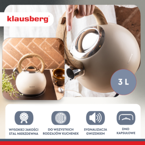 Свирещ чайник Klausberg KB 7956, 3l, Термоизолирана дръжка, Многослойно дъно, Индукция, Бежов