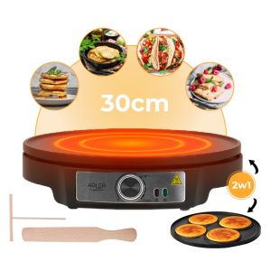 Уред за палачинки Adler AD 3093, 1600W, 30 см, Включени прибори, Черен/Инокс