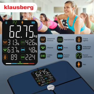 Дигитален кантар Klausberg KB 7940, 180 Kg, BIA, LCD, Bluetooth, 12 показателя, Закалено стъкло, Тъмносин
