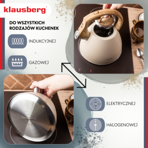 Свирещ чайник Klausberg KB 7954, 2.5 л, Неръждаема стомана, Топлоизолирана дръжка с дървесен ефект, Индукция, Бежов/кафяв