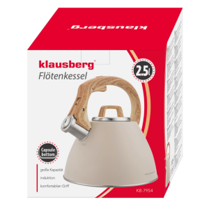 Свирещ чайник Klausberg KB 7954, 2.5 л, Неръждаема стомана, Топлоизолирана дръжка с дървесен ефект, Индукция, Бежов/кафяв