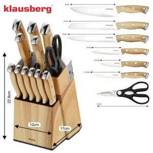 Комплект кухненски ножове Klausberg KB 9038, 13 ч, Вградено точило, Неръждаема стомана, Стойка, Кафяв