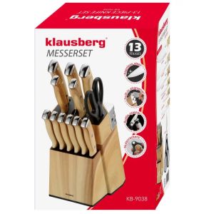 Комплект кухненски ножове Klausberg KB 9038, 13 ч, Вградено точило, Неръждаема стомана, Стойка, Кафяв