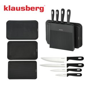 Комплект ножове и дъски за рязане Klausberg KB 7980, 8 части, Неръждаема стомана, Стойка, Черен/инокс