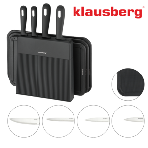 Комплект ножове и дъски за рязане Klausberg KB 7980, 8 части, Неръждаема стомана, Стойка, Черен/инокс