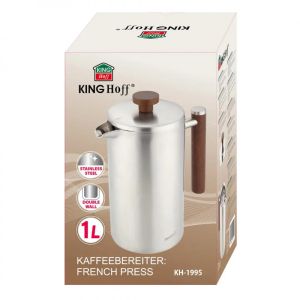 Френска преса за кафе/чай Kinghoff KH 1995, 1 л, Неръждаема стомана, Двойни стени, Инокс