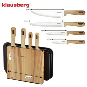 Комплект ножове и дъски за рязане Klausberg KB 9037, 8 части, Неръждаема стомана, Стойка, Кафяв/Черен