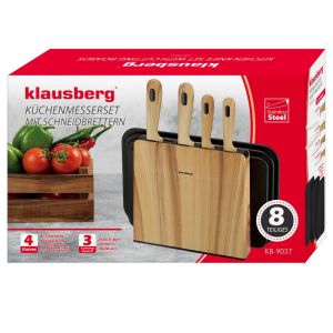 Комплект ножове и дъски за рязане Klausberg KB 9037, 8 части, Неръждаема стомана, Стойка, Кафяв/Черен