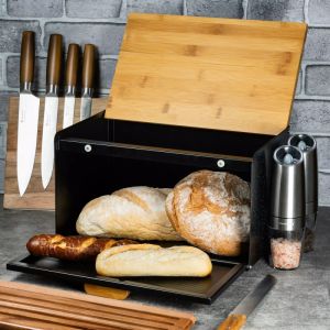 Кутия за хляб Klausberg KB 7464, 35.5 см, Стомана, Бамбук, Горен и преден капак, Черен