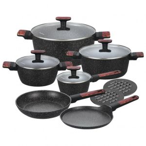 Комплект тенджери и тигани Klausberg KB 7831, 12 ч, Отливка, Мраморно покритие, Индукция, Черен