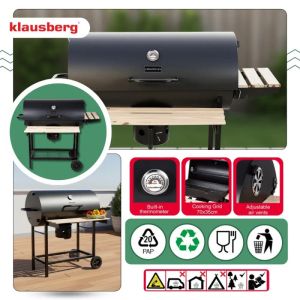 Барбекю на дървени въглища Klausberg KB 9033, Заключващ се капак, Термометър, Странични поставки, Чекмедже за пепел, Колелца, Стомана, Черен