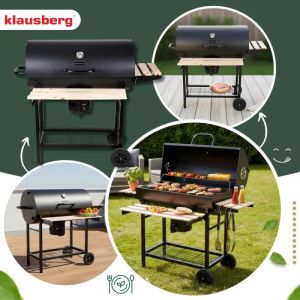 Барбекю на дървени въглища Klausberg KB 9033, Заключващ се капак, Термометър, Странични поставки, Чекмедже за пепел, Колелца, Стомана, Черен