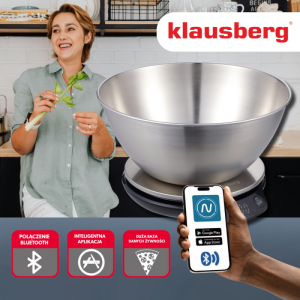 Кухненска везна с купа Klausberg KB 7939, 5 Kg, Bluetooth, Мобилно приложение, LED, ТАРА, Течности, 4 хранителни стойности, Инокс