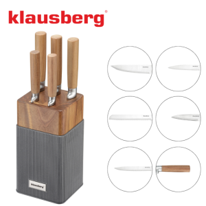 Комплект ножове Klausberg KB 7983, 6 части, Неръждаема стомана, Стойка от акациево дърво, Кафяв/графит